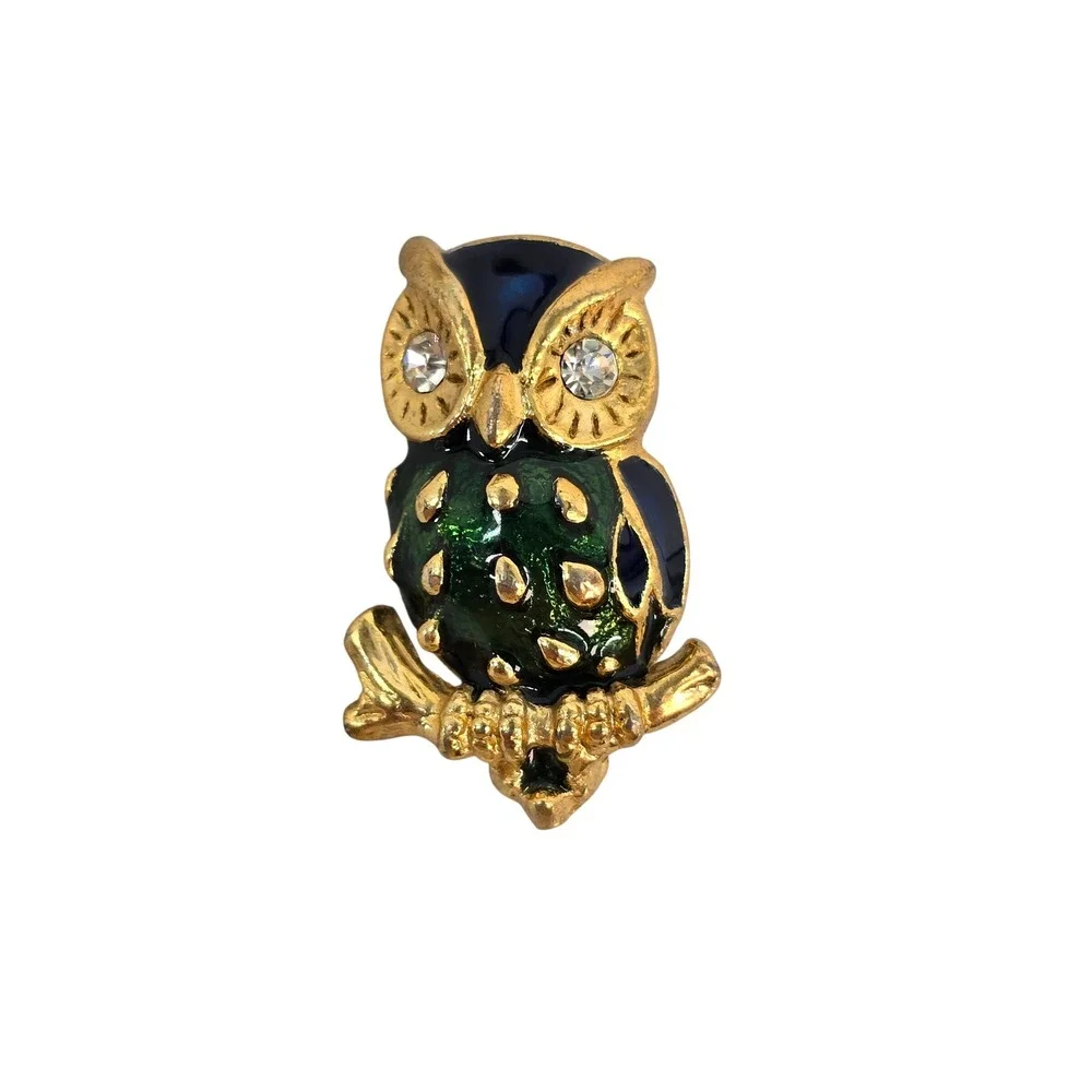 Vintage Gold Tone Enamel Owl Brooch Green Blue Rhinestone Eyes Bird Pin
